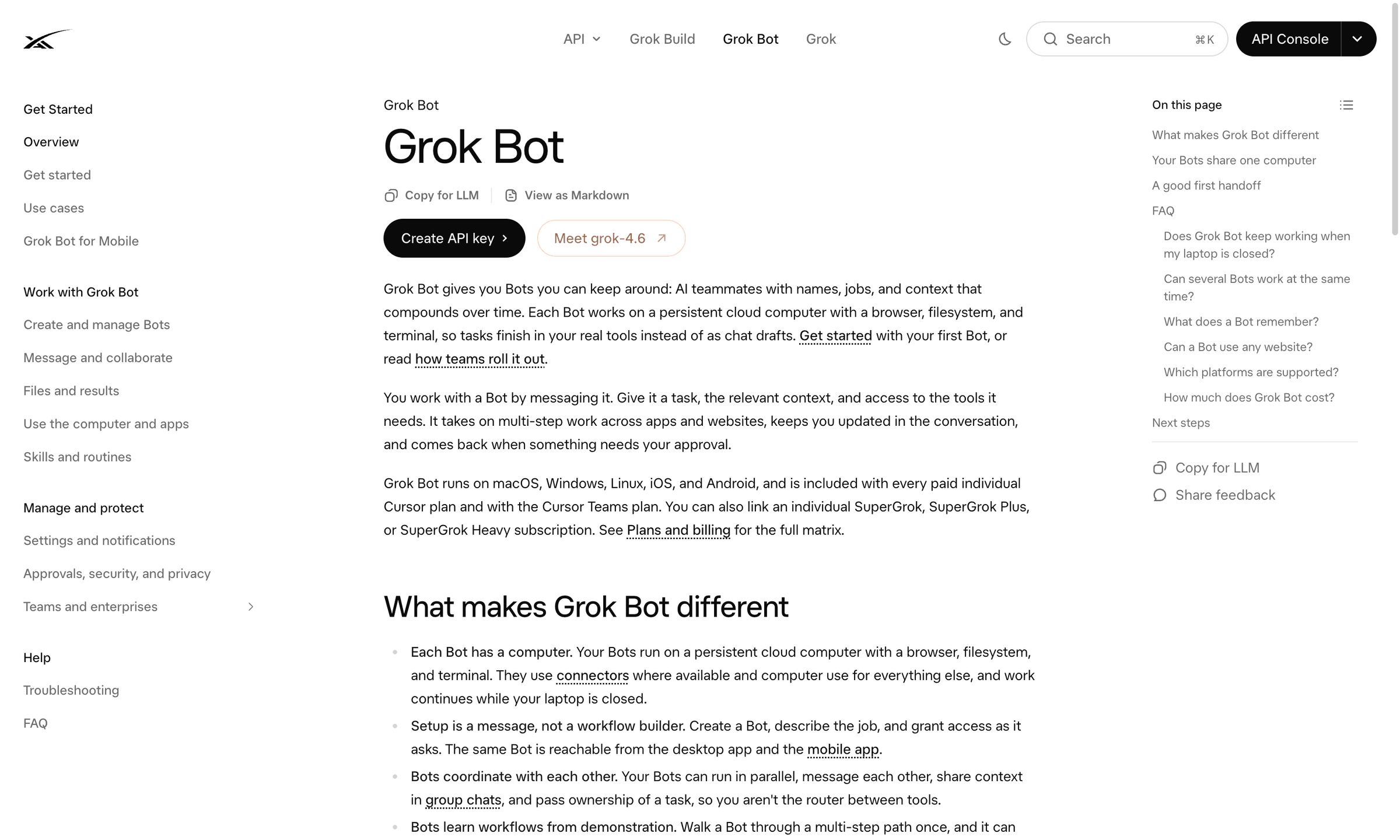 xAI 공식 문서 Grok Bot 개요 페이지. 이름과 역할이 있는 AI 팀원이라는 설명, 맥과 윈도우와 리눅스와 아이폰과 안드로이드에서 된다는 문장, 오른쪽에 노트북을 닫아도 계속 일하느냐는 자주 묻는 질문이 보인다