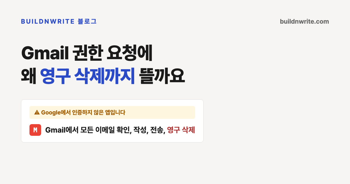 Apps Script 권한 요청 화면. Google에서 인증하지 않은 앱이라는 경고와 함께 Gmail에서 모든 이메일 확인, 작성, 전송, 영구 삭제라는 문구가 보인다