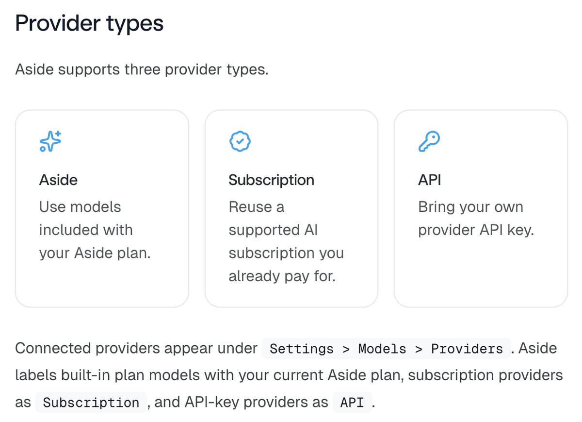 Aside 공식 도움말의 Provider types 항목. Aside, Subscription, API 세 칸이 나란히 있고 아래에 연결된 제공자는 Settings, Models, Providers 아래에 표시된다는 문장이 있다