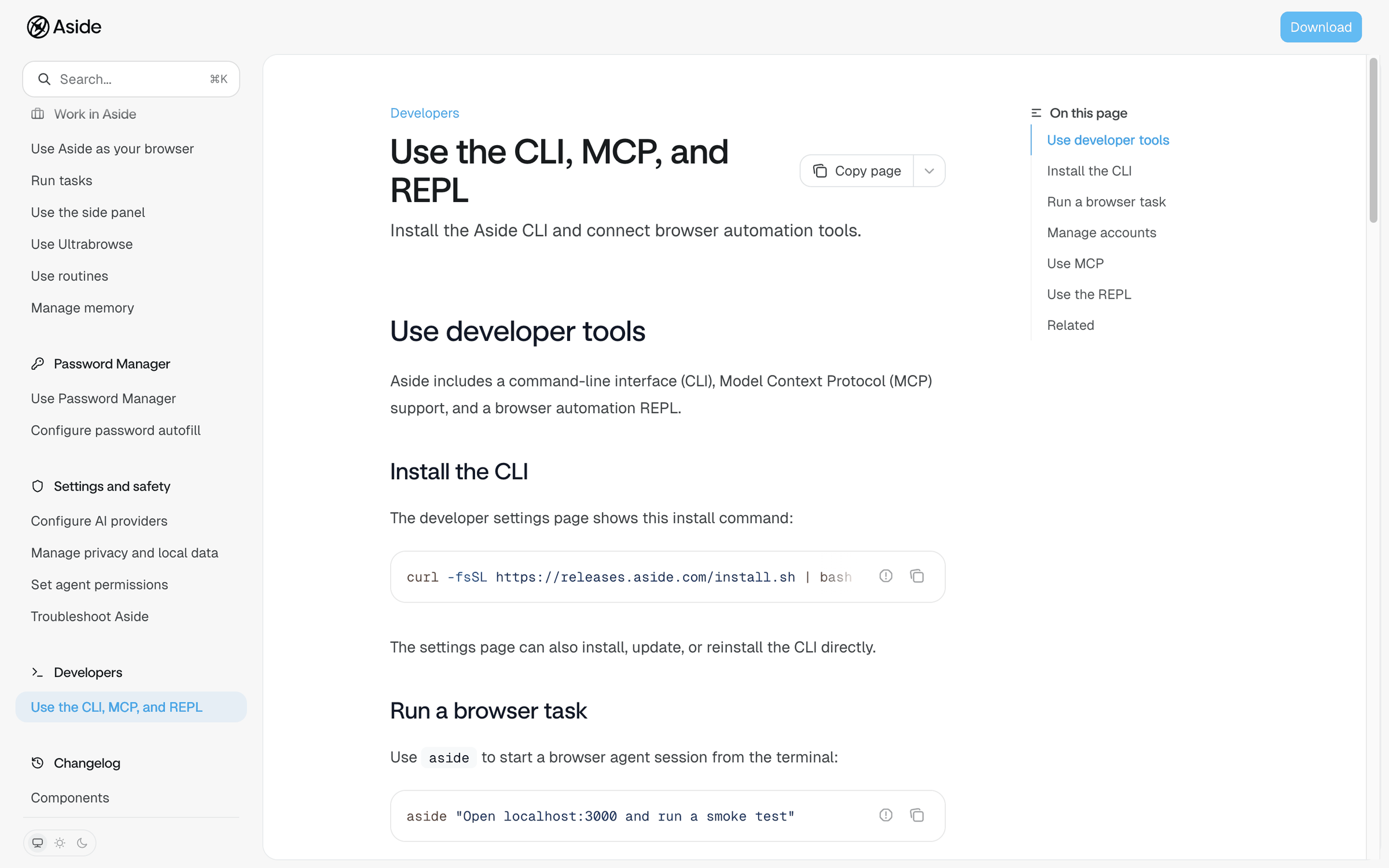 Aside 도움말의 Use the CLI, MCP, and REPL 페이지. Install the Aside CLI and connect browser automation tools 라는 부제 아래, Aside includes a command-line interface (CLI), Model Context Protocol (MCP) support, and a browser automation REPL 문장과 설치 명령, aside 한 단어로 브라우저 작업을 시작하는 예시가 있다