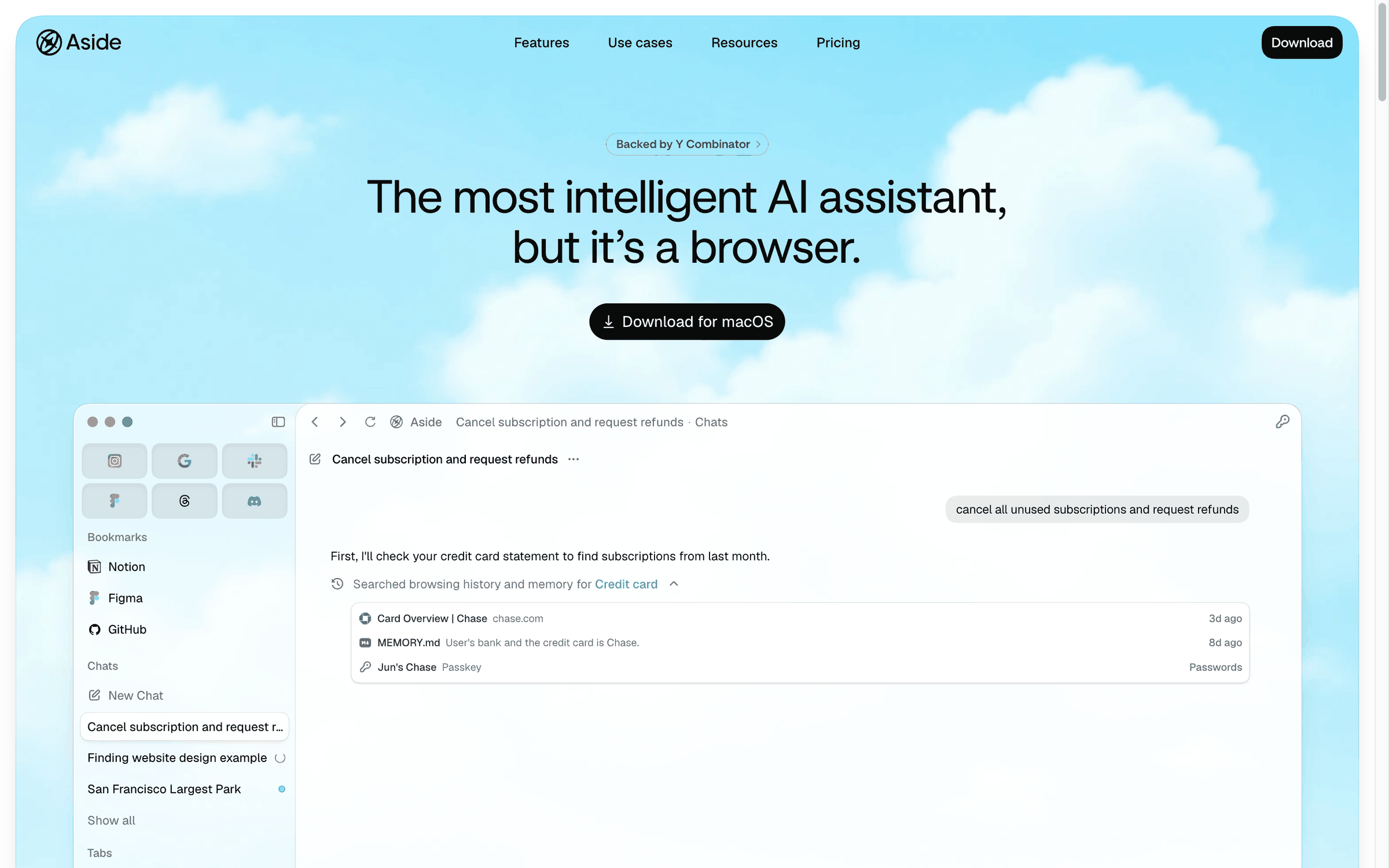 Aside 홈페이지. Backed by Y Combinator 배지 아래 The most intelligent AI assistant, but it's a browser 헤드라인과 Download for macOS 버튼이 있고, 그 아래 실제 앱 화면에서 구독 취소와 환불 요청 채팅이 진행 중이다