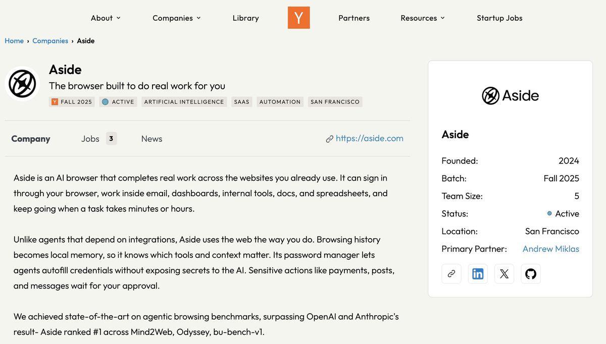 Y Combinator의 Aside 회사 페이지. The browser built to do real work for you 라는 한 줄 소개, Fall 2025 배지, 오른쪽 카드에 Founded 2024, Batch Fall 2025, Team Size 5, Location San Francisco가 적혀 있다