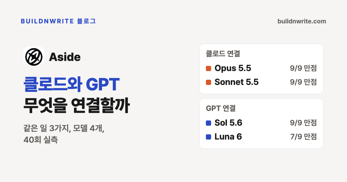 Aside 로고와 클로드와 GPT 무엇을 연결할까 제목. 오른쪽에 클로드 연결 Opus 5.5와 Sonnet 5.5, GPT 연결 Sol 5.6과 Luna 6의 만점 회차가 9분의 9, 9분의 7로 적힌 카드가 놓인 커버