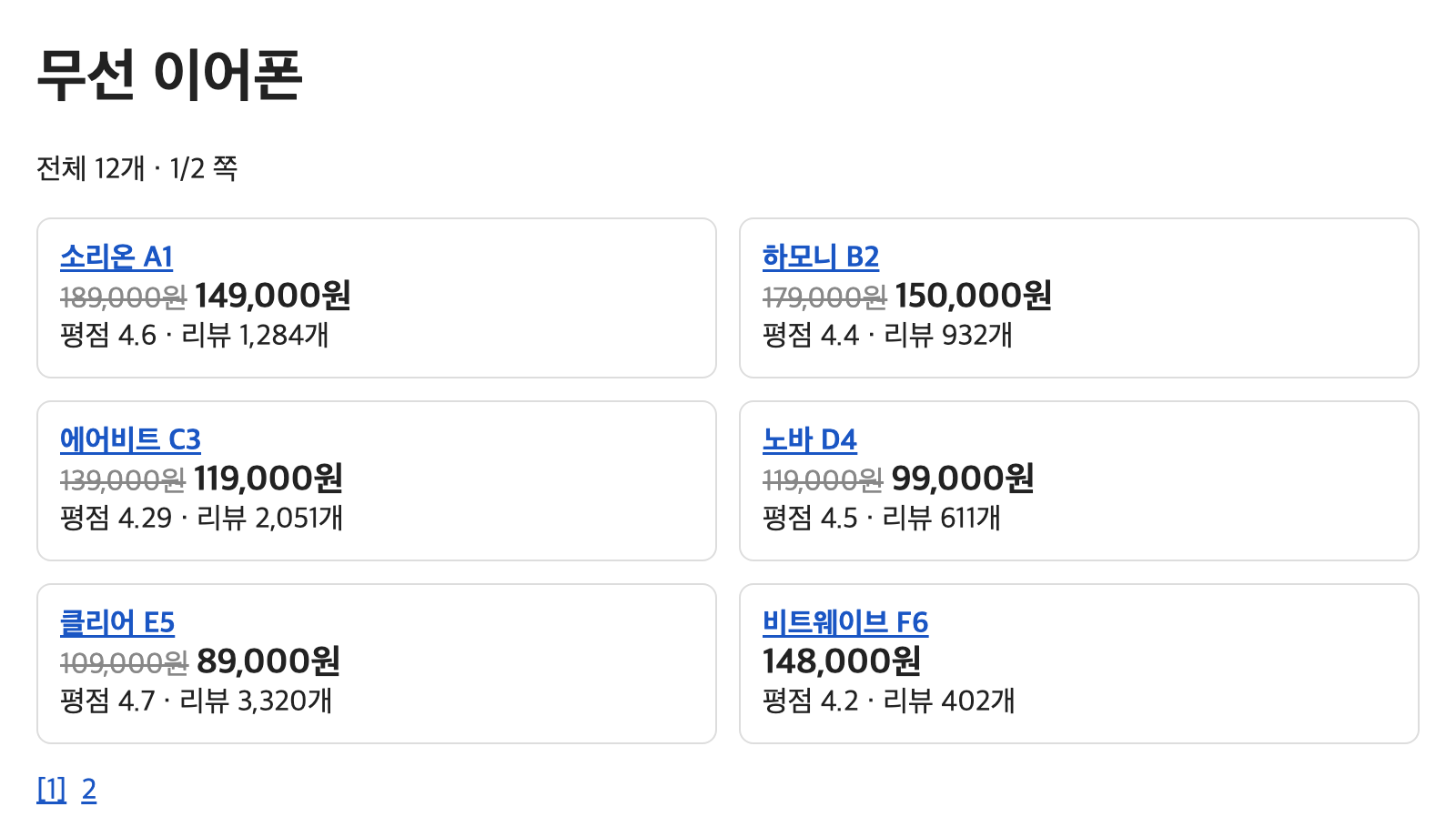 모의 쇼핑몰 무선 이어폰 목록 1쪽. 소리온 A1 149,000원 평점 4.6, 하모니 B2 150,000원 평점 4.4, 에어비트 C3 119,000원 평점 4.29, 노바 D4 99,000원 평점 4.5, 클리어 E5 89,000원 평점 4.7, 비트웨이브 F6 148,000원 평점 4.2가 두 줄로 놓여 있다