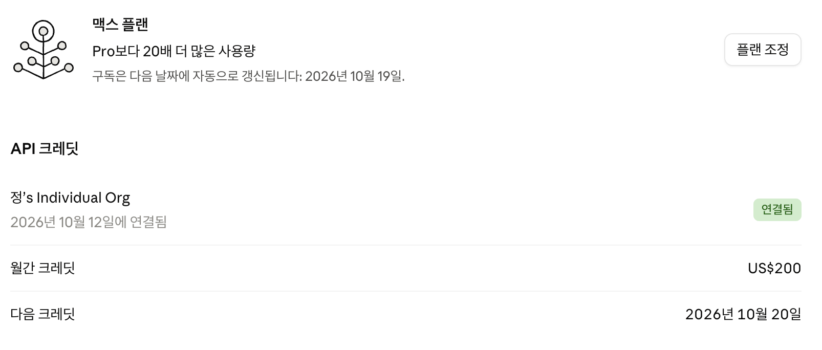 조직을 연결한 뒤의 결제 화면. 맥스 플랜 구독은 2026년 10월 19일에 자동 갱신된다고 나오고, API 크레딧 칸에는 정's Individual Org가 2026년 10월 12일에 연결됨 표시와 함께 있으며, 월간 크레딧 US$200, 다음 크레딧 2026년 10월 20일이라고 적혀 있다