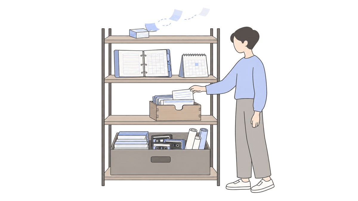 네 칸짜리 선반 그림. 맨 위 칸의 메모지는 날아가고, 둘째 칸에는 바인더와 달력, 셋째 칸에는 사람이 카드를 꺼내는 카드 상자, 맨 아래 칸에는 서류와 카세트테이프가 담긴 큰 보관함이 있다