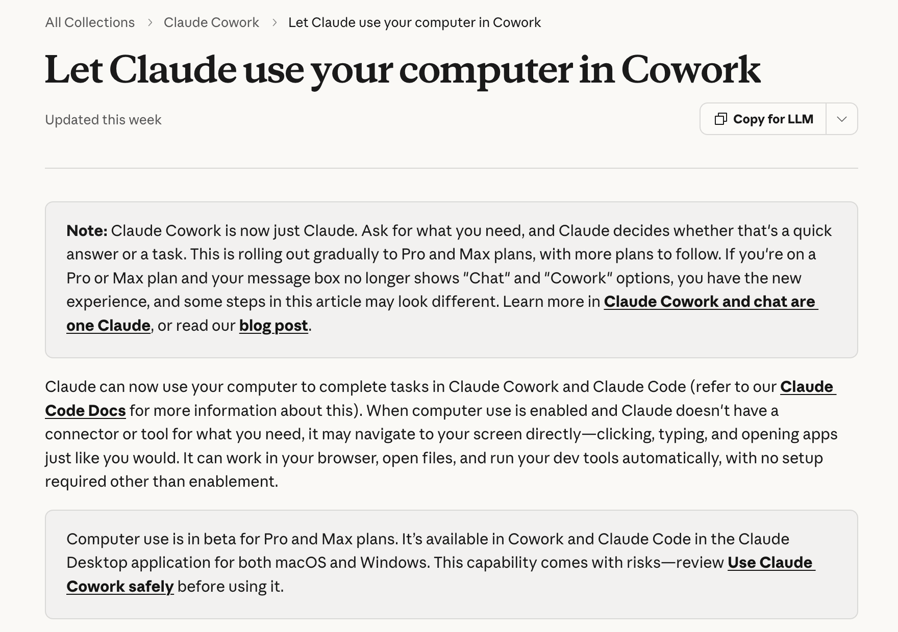 Claude 공식 도움말 Let Claude use your computer 페이지. 컴퓨터 유즈가 Pro와 Max 플랜 베타이고 맥과 윈도우의 Claude 데스크톱에서 된다는 안내가 보인다
