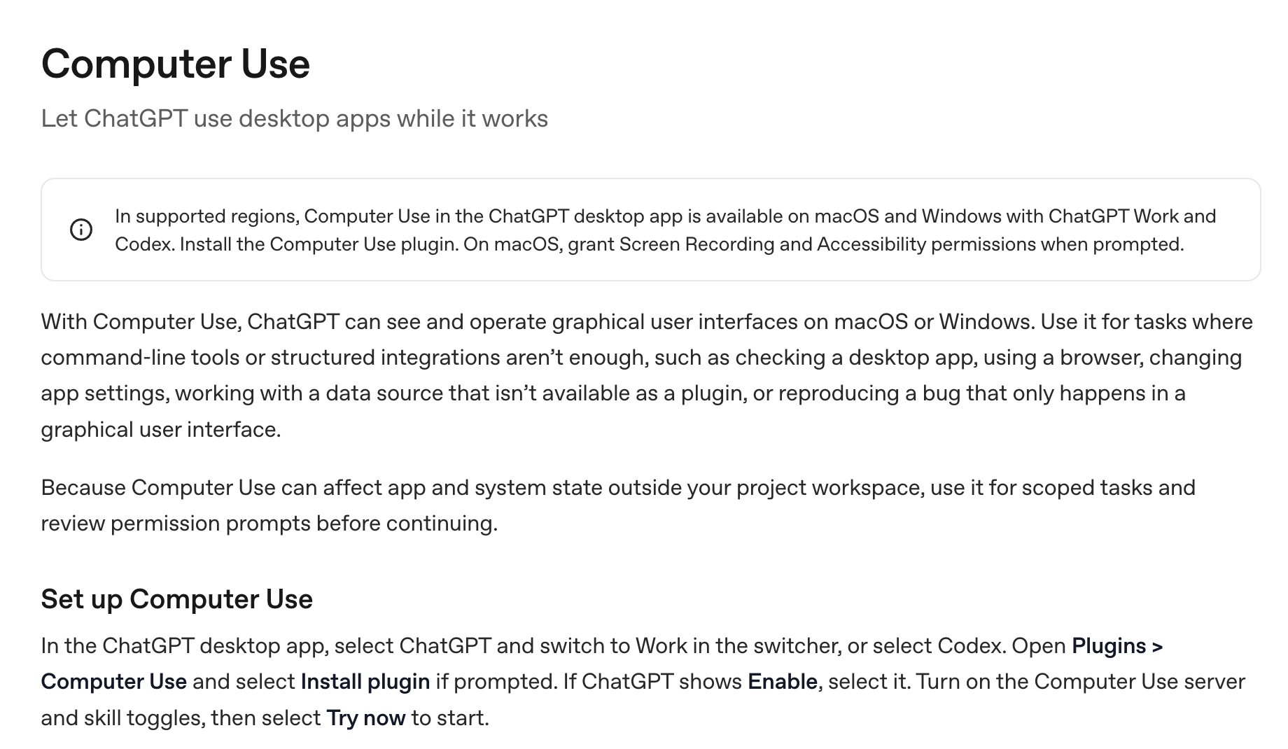 OpenAI 공식 문서 Computer Use 페이지. ChatGPT 데스크톱 앱에서 맥과 윈도우 데스크톱 앱을 조작한다는 설명과 플러그인 설치 안내가 보인다