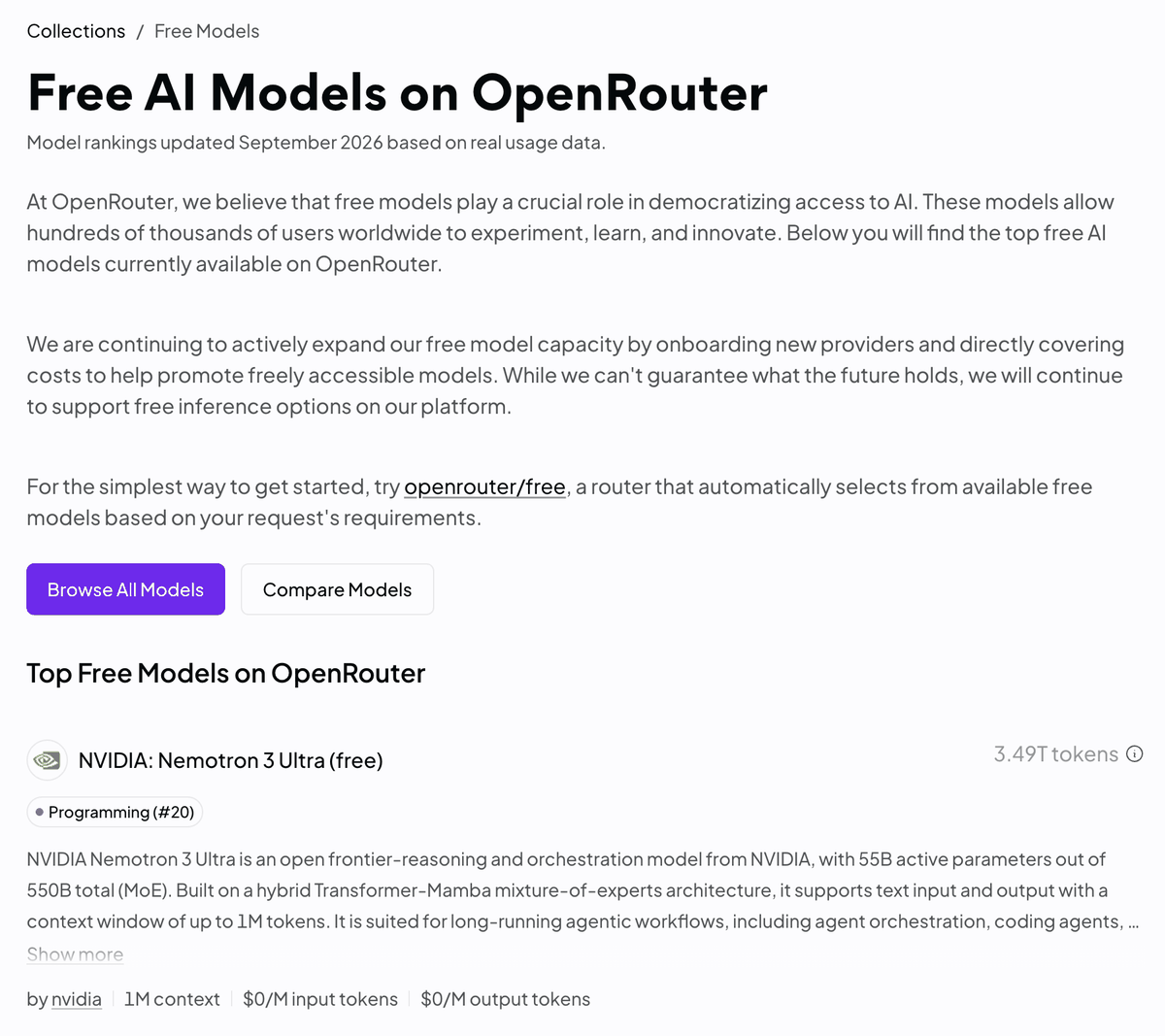 오픈라우터의 Free AI Models on OpenRouter 페이지. 무료 모델이 AI 접근을 넓힌다는 설명, openrouter/free 라우터를 쓰면 가장 쉽게 시작할 수 있다는 안내, 첫 번째 무료 모델로 NVIDIA Nemotron 3 Ultra (free)가 입력과 출력 모두 100만 토큰당 0달러로 표시돼 있다