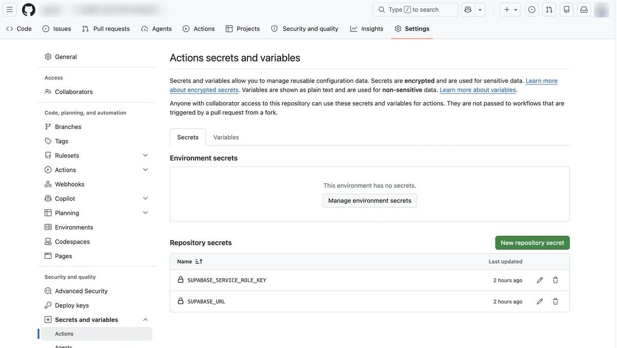 깃허브 저장소 Settings 화면의 Secrets and variables, Actions 탭. Repository secrets 표에 등록된 비밀값 두 개가 이름만 보이고 값은 가려져 있으며, 오른쪽 위에 초록색 New repository secret 버튼이 있다