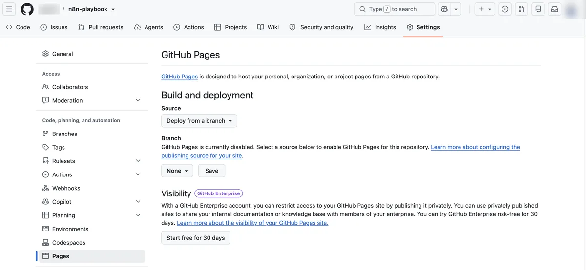 깃허브 저장소 Settings의 Pages 화면. GitHub Pages is currently disabled 안내와 함께 Source가 Deploy from a branch, Branch가 None으로 되어 있고 Save 버튼이 있다