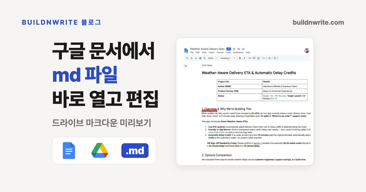 구글 문서에서 md 파일 바로 열고 편집이라는 제목과 드라이브 마크다운 미리보기 부제, 구글 문서와 구글 드라이브 로고, .md 표시 옆에 마크다운 파일을 연 구글 문서 화면이 놓인 커버