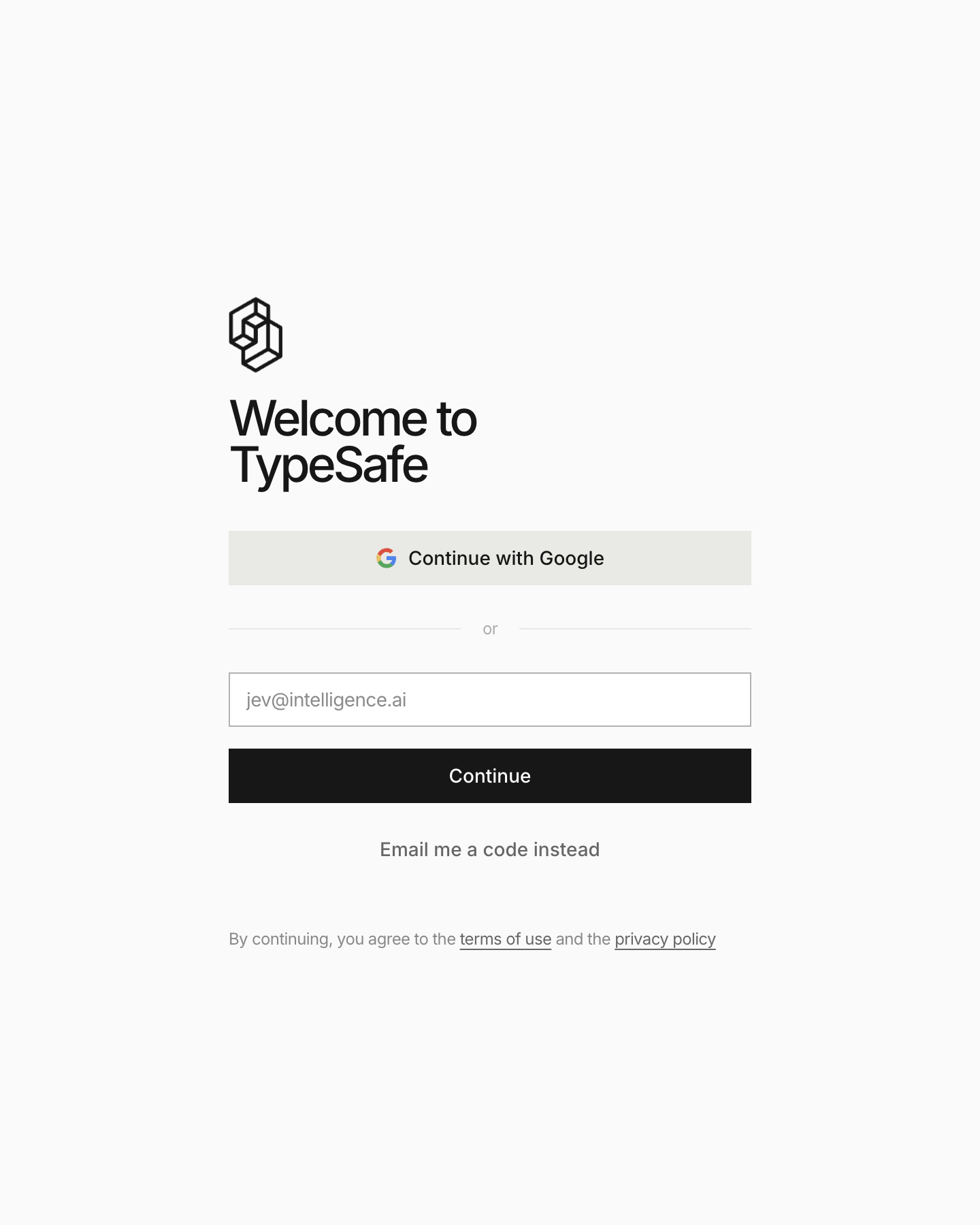 TypeSafe 콘솔 로그인 화면. Welcome to TypeSafe 제목 아래 Continue with Google 버튼과 이메일 입력란이 있다