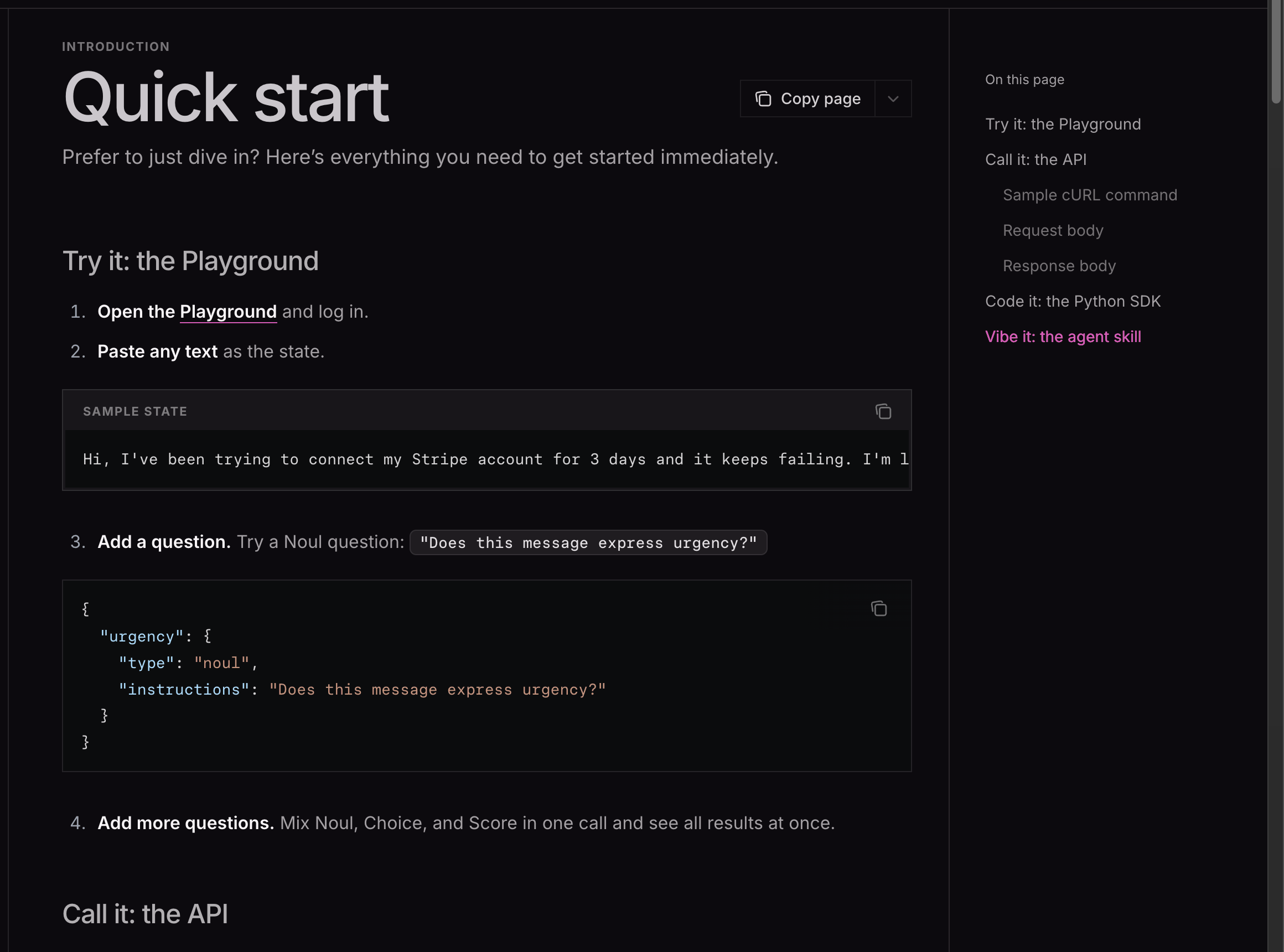 TypeSafe 문서의 Quick start 페이지. Playground에서 state를 붙여 넣고 urgency라는 noul 질문을 추가하는 JSON 예시가 보인다