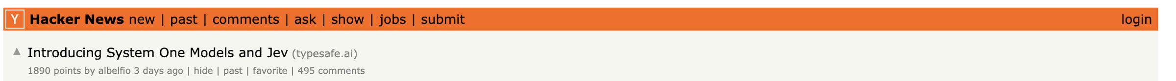 Hacker News 스레드 상단. Introducing System One Models and Jev 제목 아래 1890 points와 495 comments가 표시돼 있다