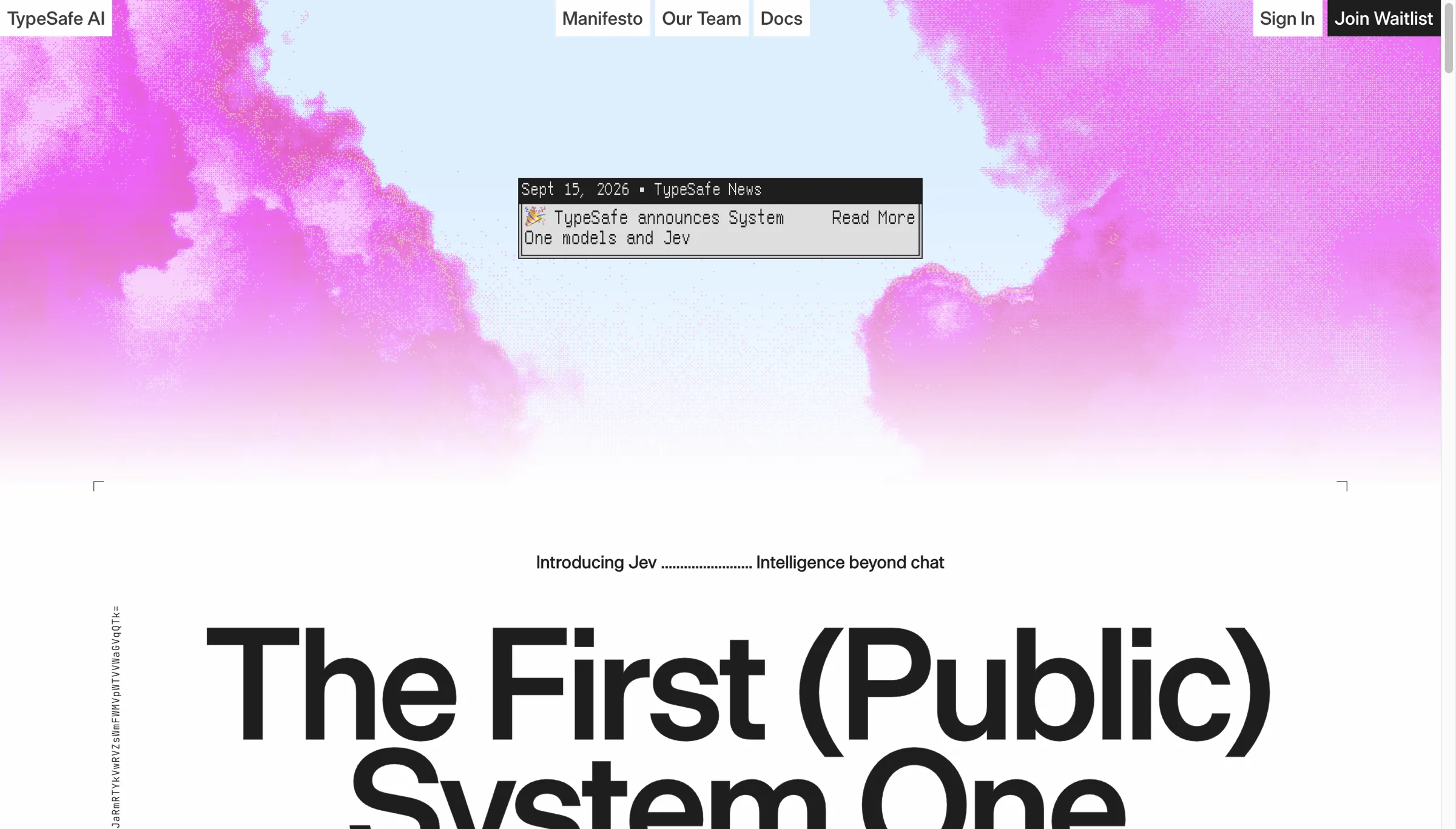 TypeSafe AI 공식 홈페이지 첫 화면. 분홍 구름 배경 위에 The First (Public) System One Model이라는 제목과 Join Waitlist 버튼이 보인다