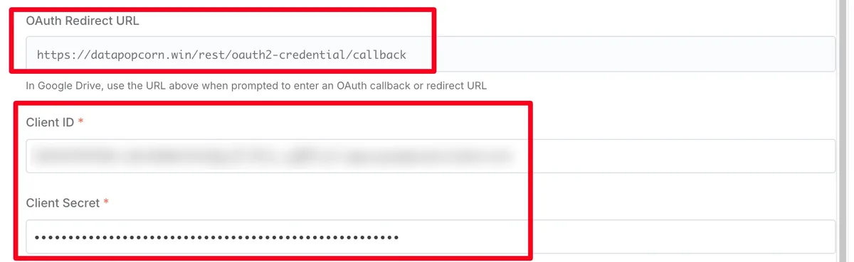 n8n 크리덴셜 설정 화면. OAuth Redirect URL 필드에 도메인 뒤 rest/oauth2-credential/callback 경로가 표시되고, 그 아래 Client ID와 Client Secret 입력란이 있다