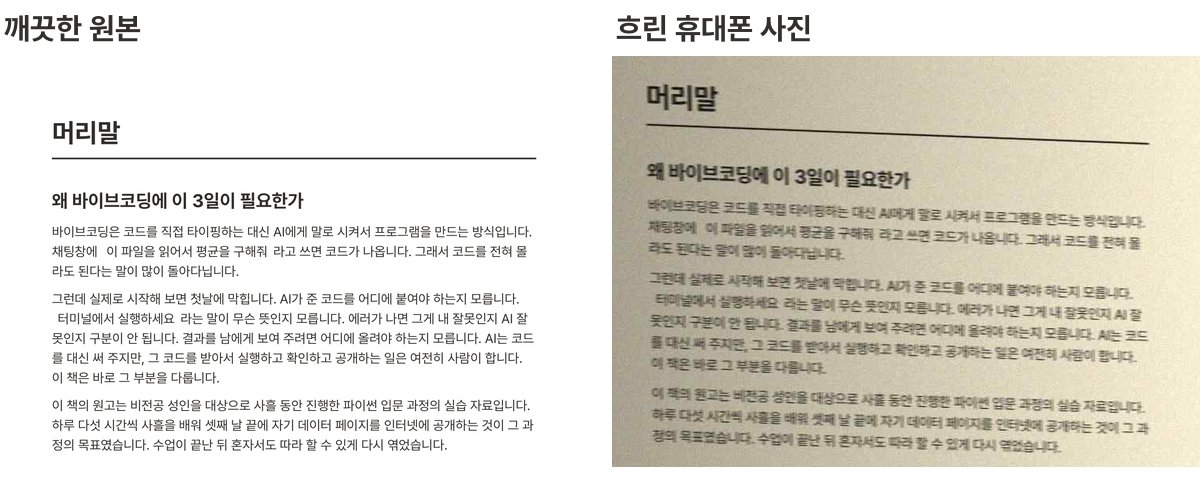 《바이브코딩 디딤돌》 머리말 쪽의 깨끗한 원본과 흐린 휴대폰 사진을 나란히 놓은 그림. 원본은 머리말 제목과 세 문단이 또렷하고, 흐린 사진은 기울어지고 번져 본문 작은 글자를 읽기 어렵다