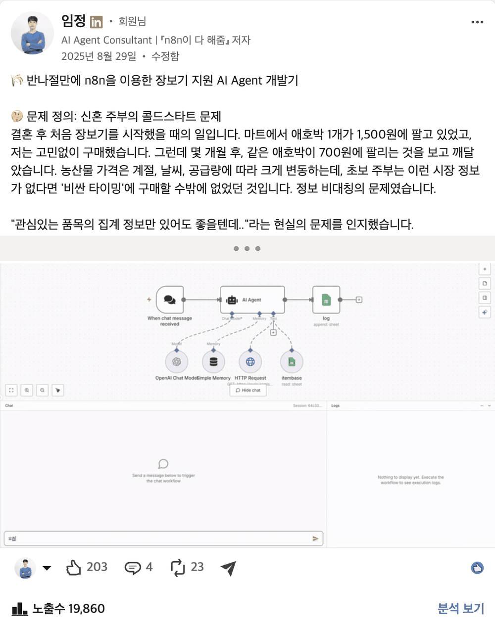 2025년 8월 29일 필자의 링크드인 게시물. 위쪽에는 제목 '반나절만에 n8n을 이용한 장보기 지원 AI Agent 개발기'와 마트에서 애호박을 1,500원에 샀다가 몇 달 뒤 700원에 파는 것을 보고 농산물 가격 정보가 필요하다고 느낀 문제 정의가 있다. 가운데를 줄이고, 아래쪽에는 채팅 트리거, AI Agent, OpenAI 모델, 메모리, HTTP 요청, 구글 시트 노드가 이어진 n8n 워크플로 화면과 좋아요 203, 댓글 4, 퍼감 23, 노출수 19,860이 보인다