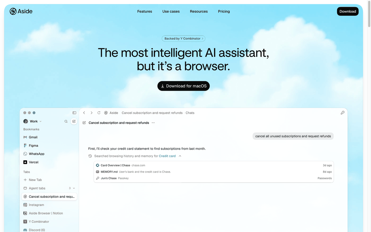 Aside 홈페이지 화면. 상단에 The most intelligent AI assistant, but it's a browser 헤드라인과 macOS 다운로드 버튼이 있고, 아래에는 실제 앱 화면 예시로 구독 취소와 환불을 요청하는 채팅 창이 떠 있다