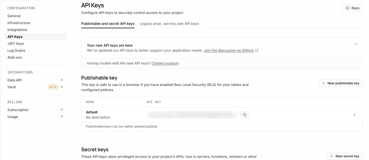 Supabase API Keys 설정 화면. Publishable key 항목 아래 이 키는 표에 RLS를 켜고 정책을 구성했다면 브라우저에서 써도 안전하다는 안내 문구가 있다
