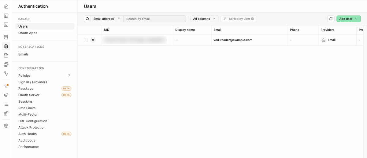 Supabase Authentication Users 화면. 사용자 한 명이 등록되어 있고 이메일은 vod-reader@example.com, Providers는 Email이다. UID는 블러 처리되어 있다