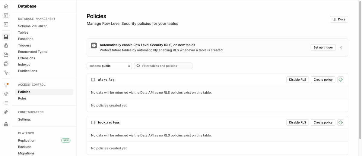 Supabase Database Policies 화면. alert_log와 book_reviews 표 아래 각각 이 표에는 RLS 정책이 없어 Data API로 데이터가 반환되지 않는다는 문구와 아직 만든 정책이 없다는 안내, Disable RLS와 Create policy 버튼이 있다