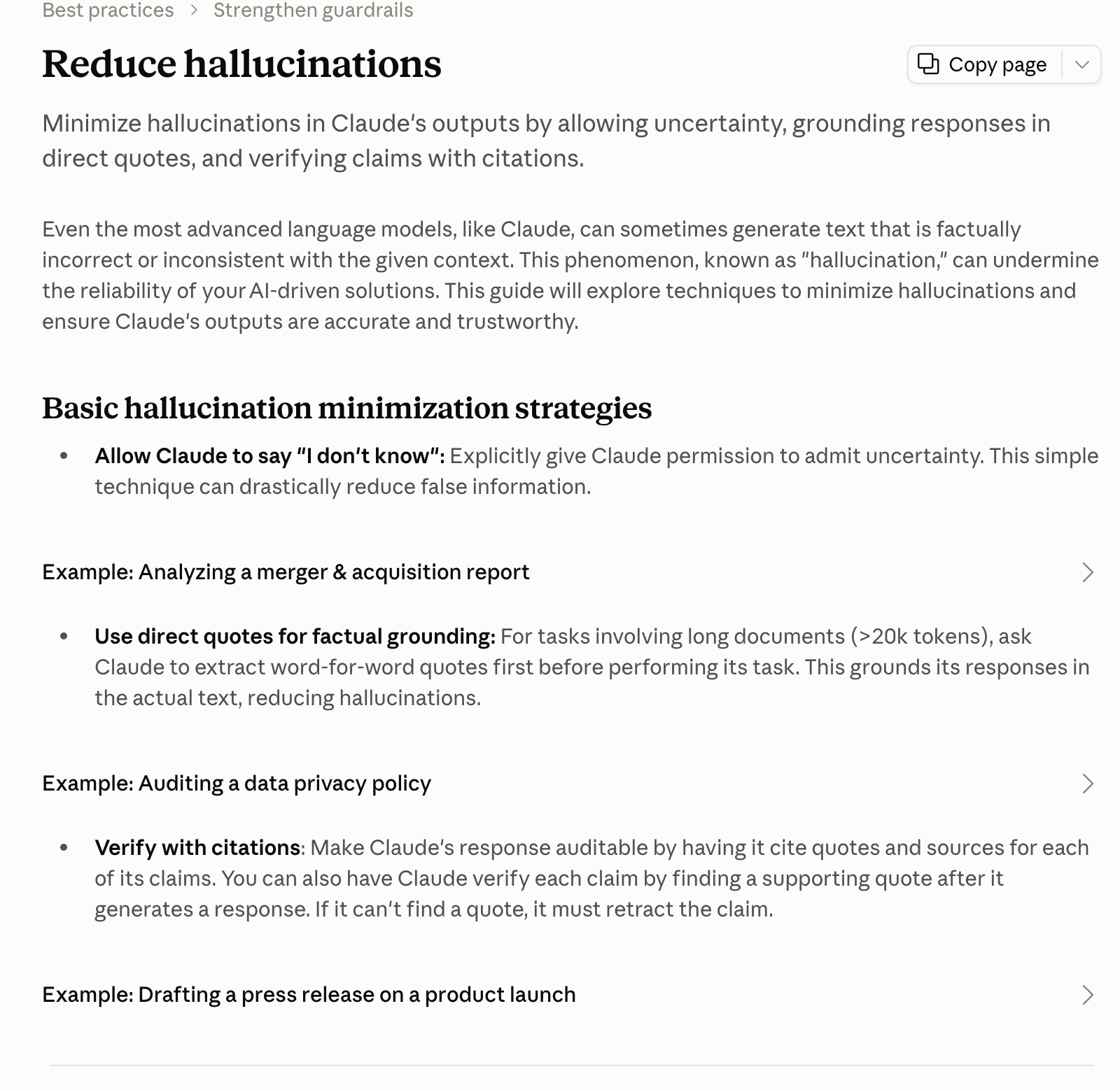 Claude 공식 문서 Reduce hallucinations 페이지 화면. 제목 아래에 불확실성을 허용하고, 직접 인용으로 답의 근거를 잡고, 인용으로 주장을 검증해 할루시네이션을 줄인다는 요약이 있고, Basic hallucination minimization strategies 절에 Allow Claude to say I don't know, Use direct quotes for factual grounding, Verify with citations 세 항목이 나열되어 있다