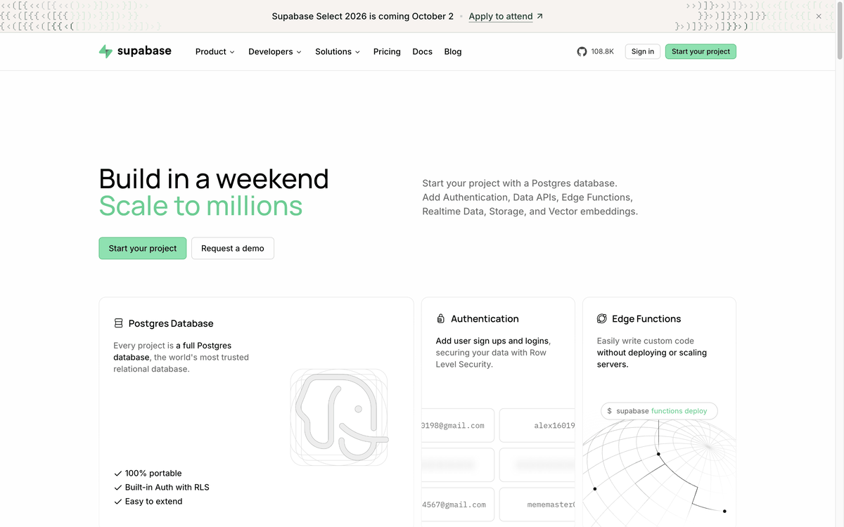 Supabase 홈페이지. Build in a weekend, Scale to millions 문구 아래 Postgres Database, Authentication, Edge Functions 세 카드가 나란히 있다