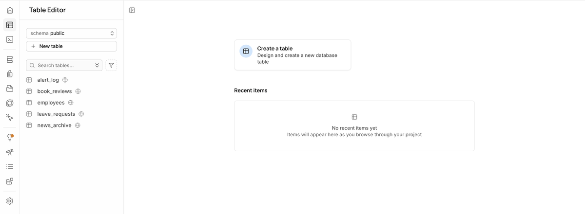 Supabase Table Editor 첫 화면. 왼쪽에 alert_log, book_reviews, employees, leave_requests, news_archive 다섯 개 표 목록과 New table 버튼, 가운데에 Create a table 카드가 있다