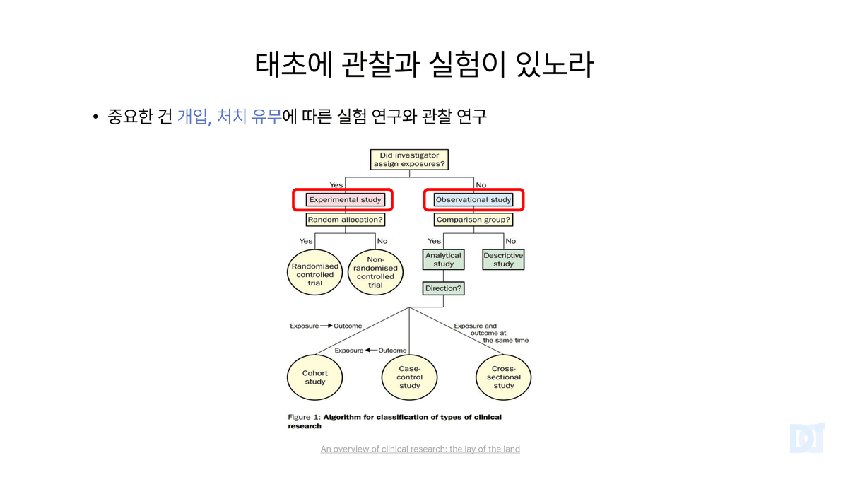 발표 슬라이드. 태초에 관찰과 실험이 있노라. 임상 연구 분류 알고리즘 도식으로, 연구자가 노출을 배정했는가라는 질문에서 실험 연구와 관찰 연구로 갈라지고, 실험 연구는 무작위 배정 여부로 RCT와 비무작위 시험, 관찰 연구는 비교군 유무로 분석 연구와 기술 연구로 갈라진다