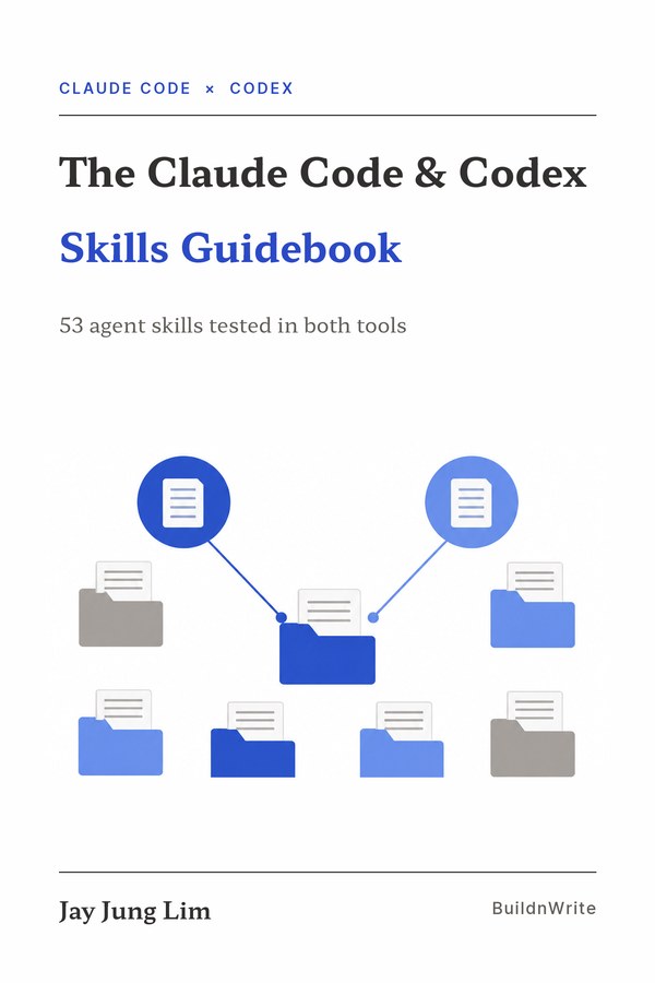 Book cover: The Claude Code & Codex Skills Guidebook, 53 agent skills tested in both tools, by Jay Jung Lim
